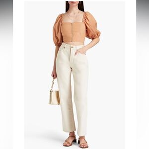 Revolve Nicholas Daw Cropped Linen Top Zip Front‎ Puff Sleeve, Size 6, NWT